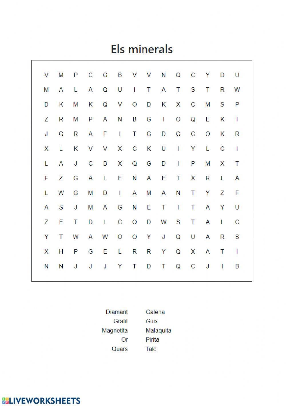 Els minerals, sopa de lletres