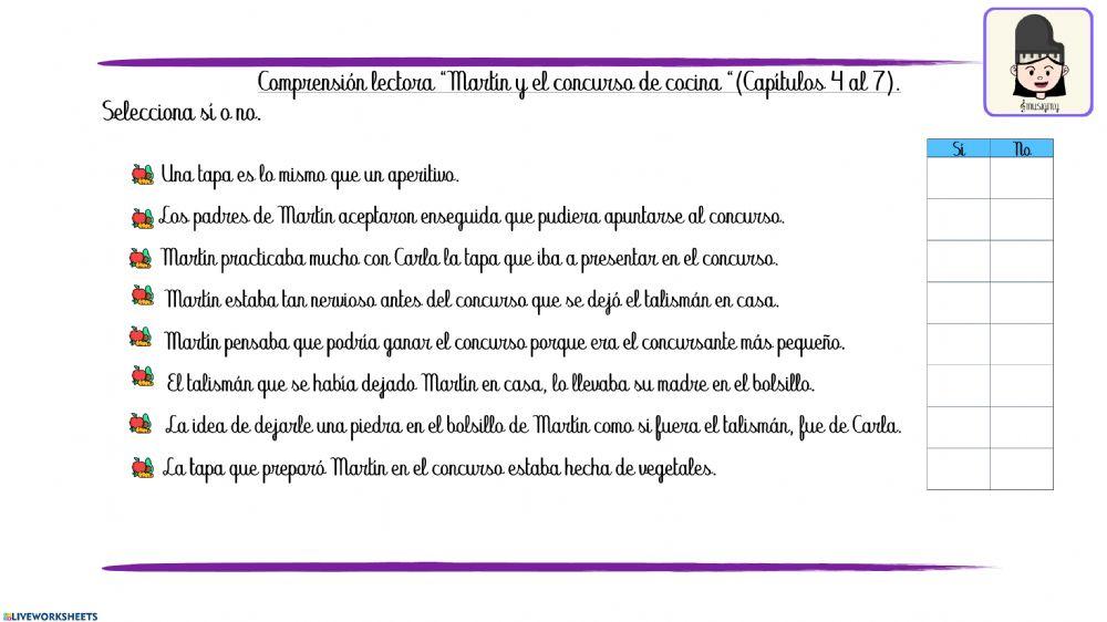 Comprensión lectora del libro: Martín y el concurso de cocina.II