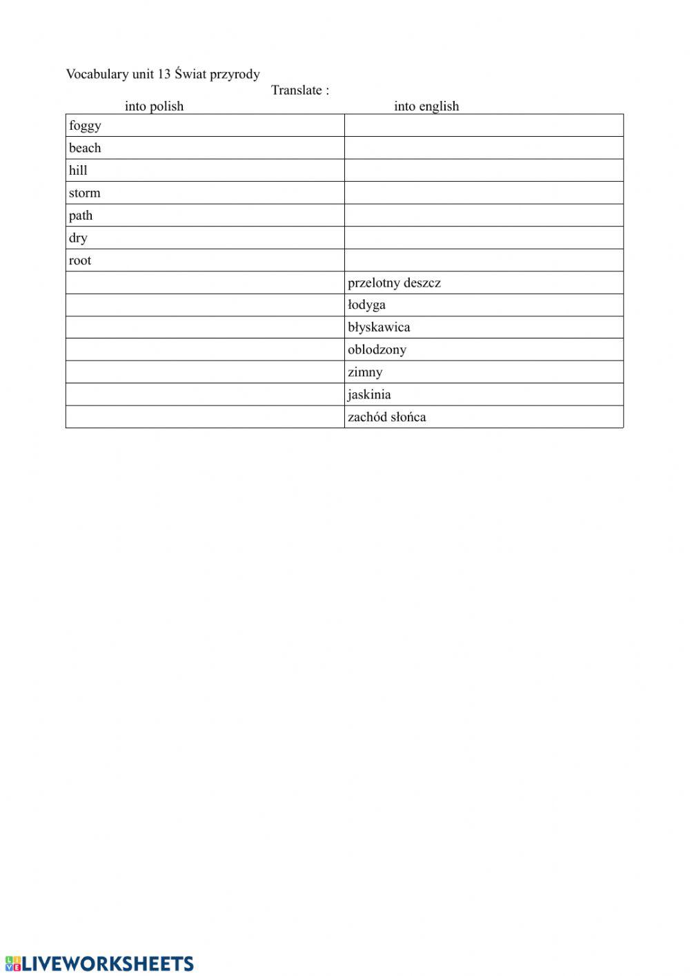Vocabulary unit 13 Świat przyrody