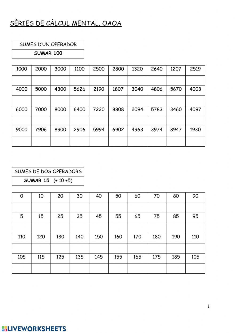 Càlcul mental OAOA Suma 100  i  Suma 15