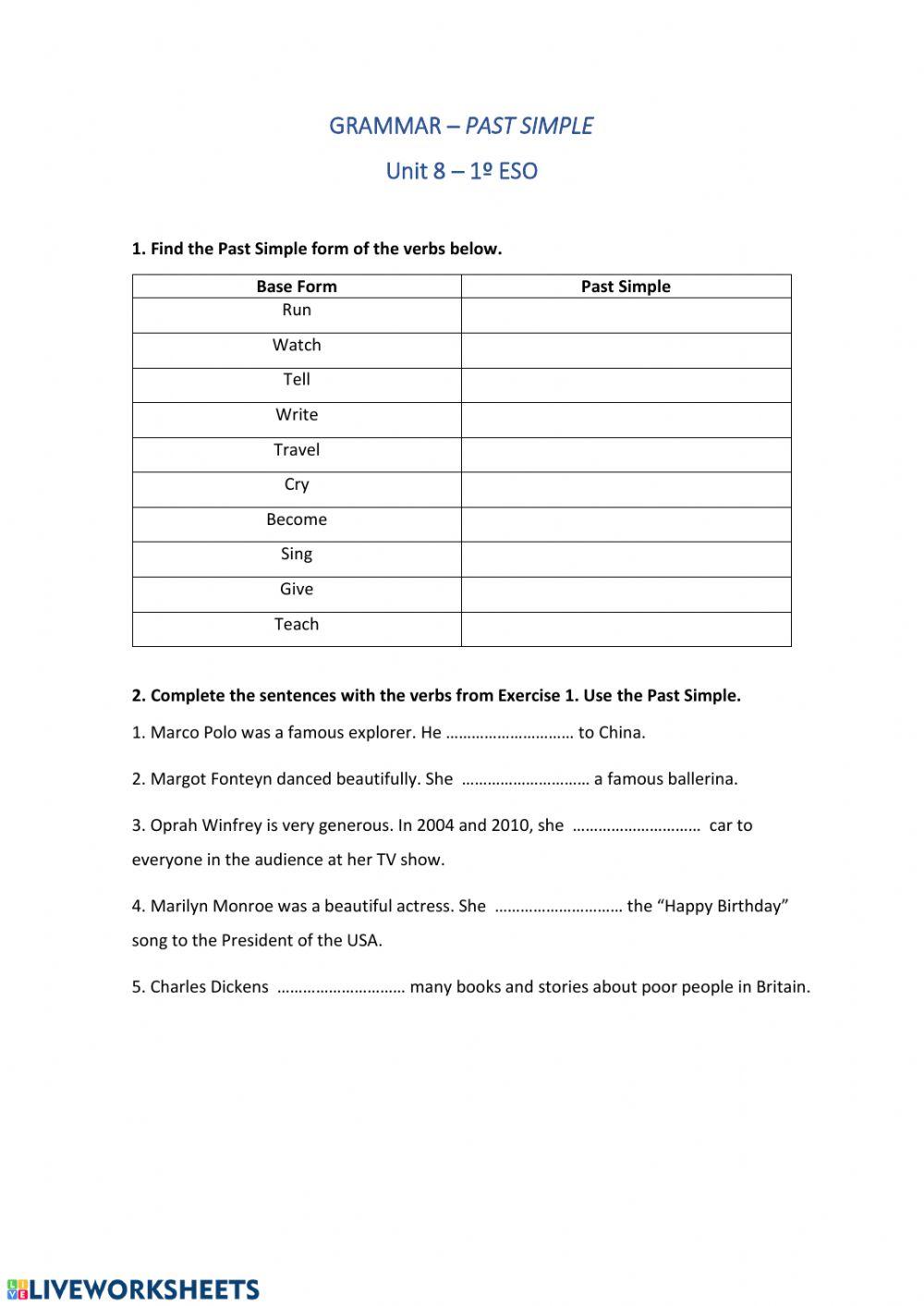 Grammar - Past Simple I  - regular and irregular verbs