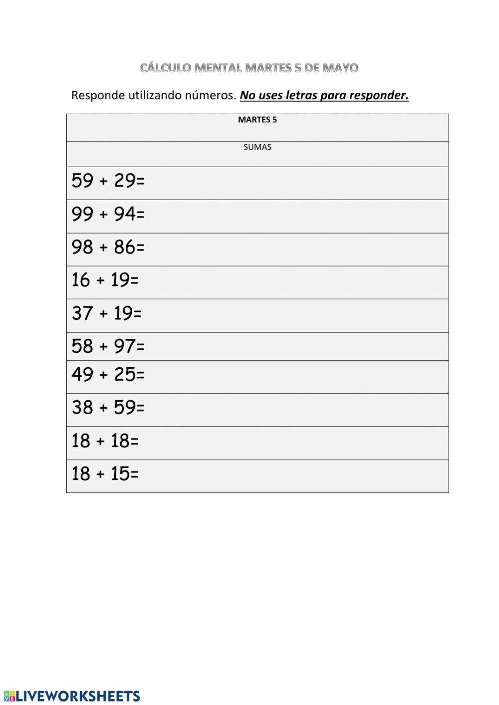 Cálculo mental 5 de mayo