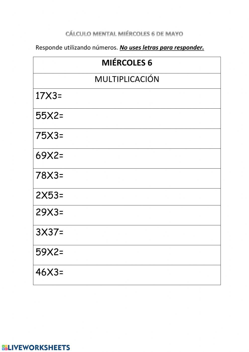 Cálculo mental 6 de mayo