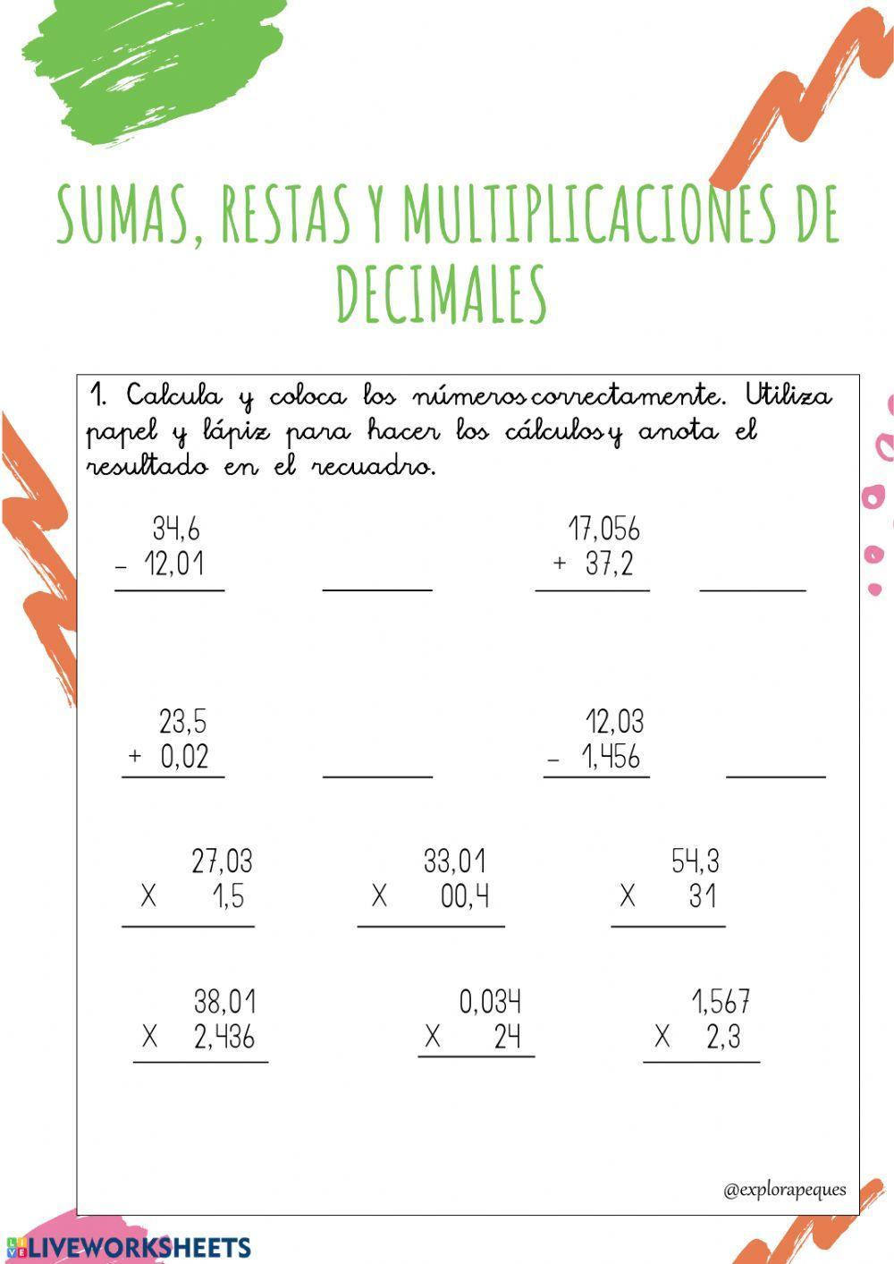 Sumar, resta y multiplicación de decimales