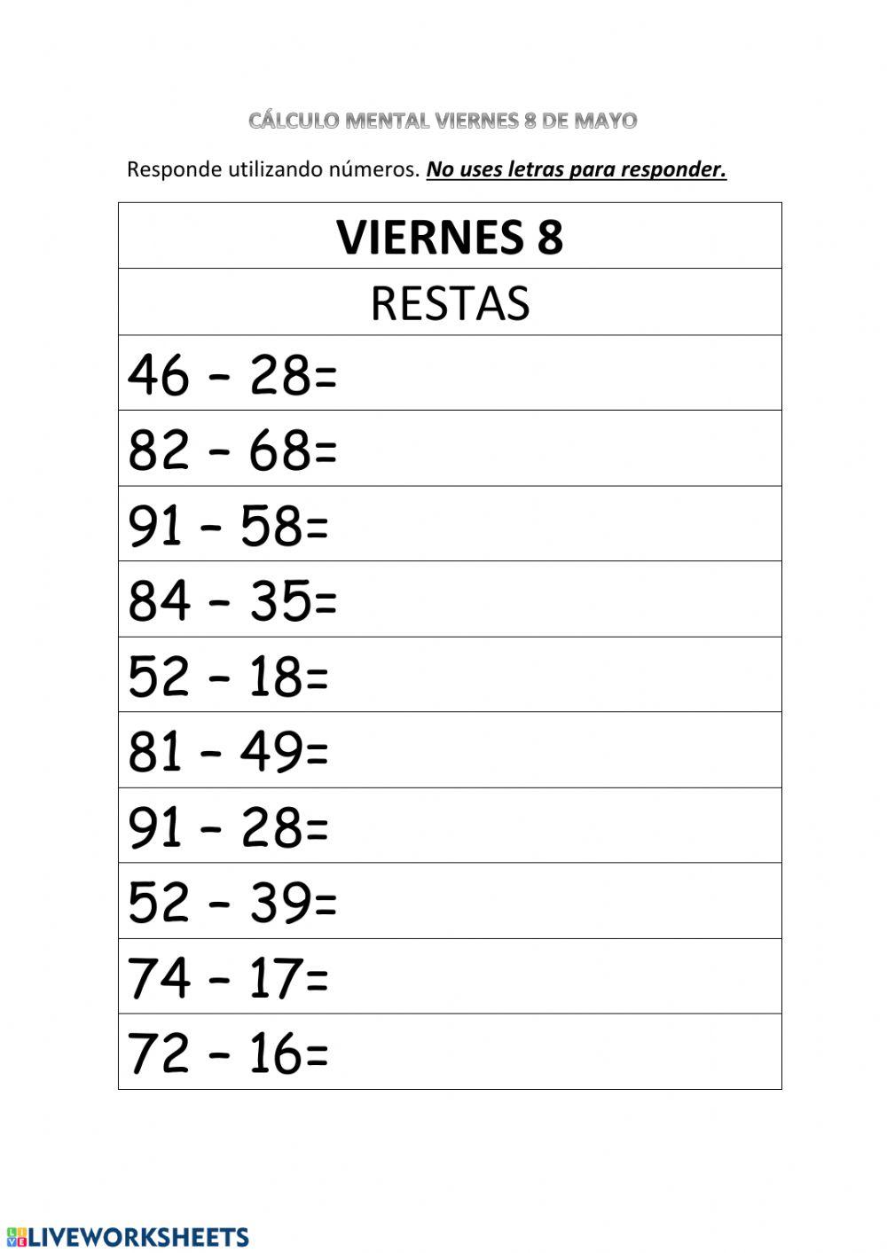Cálculo mental 8 de mayo