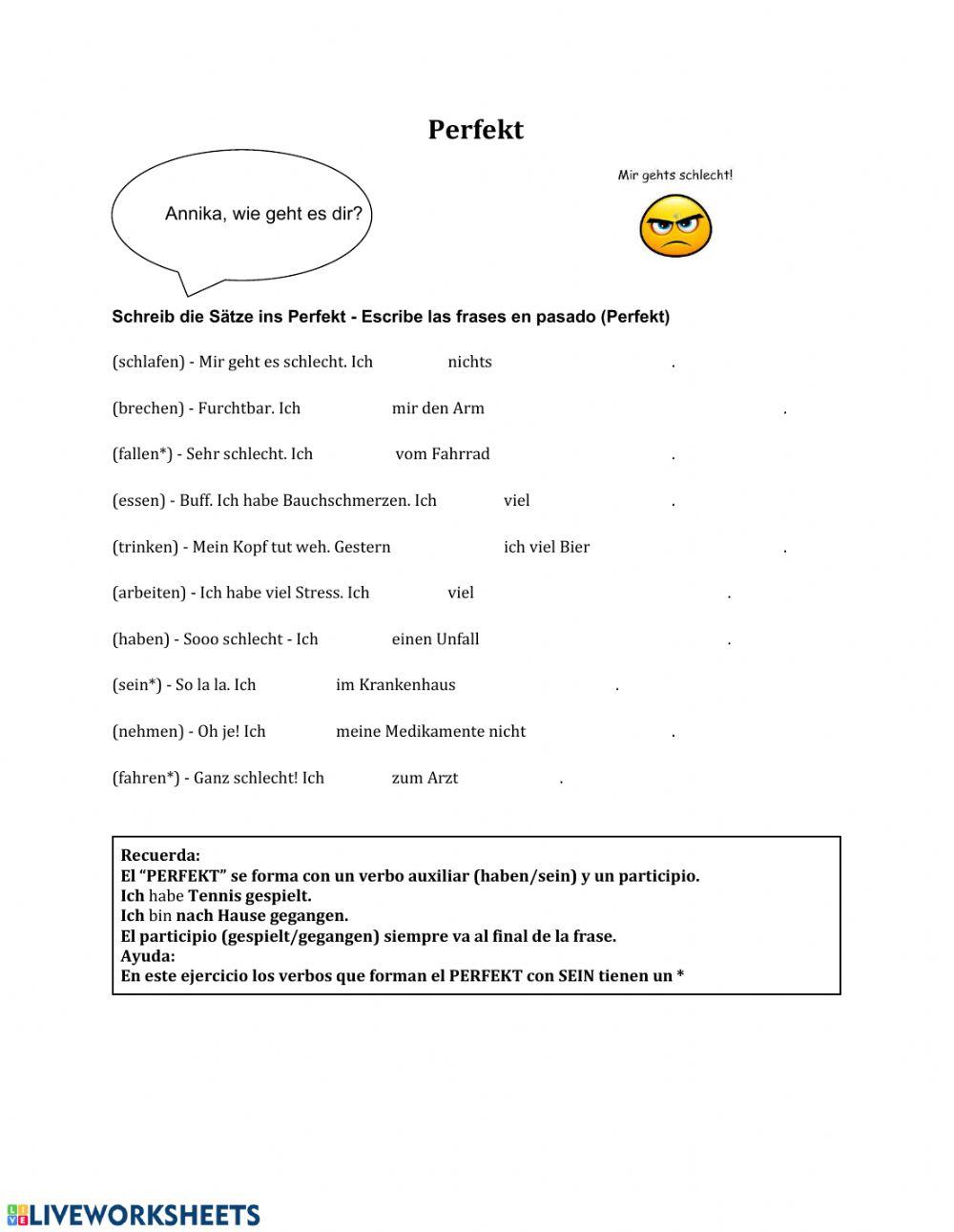 Perfekt Mir geht es schlecht worksheet Live Worksheets
