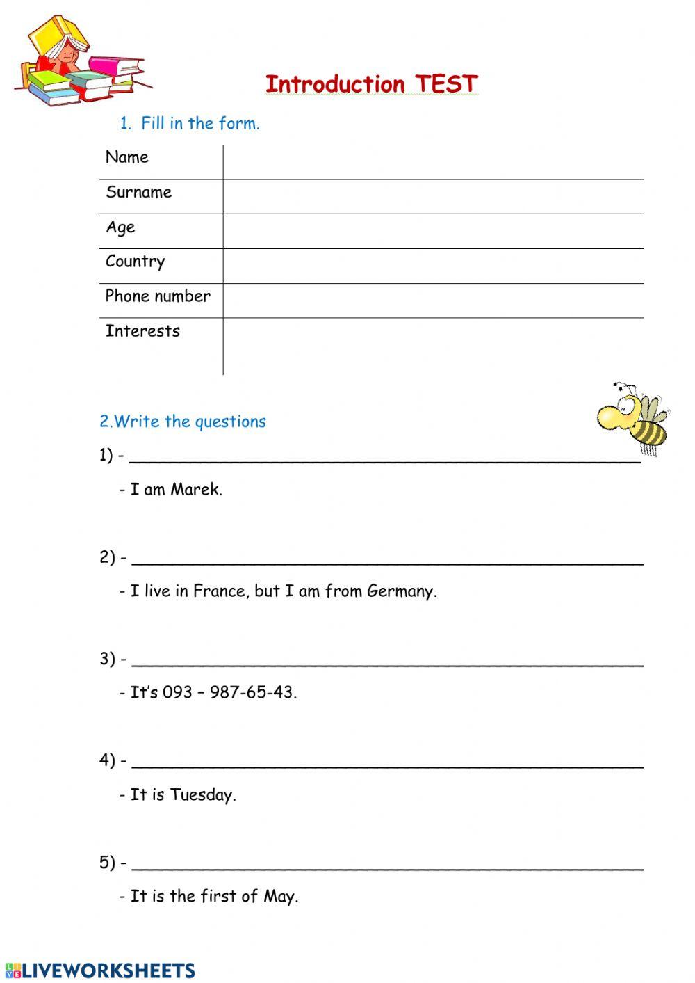 Introduction Test worksheet | Live Worksheets