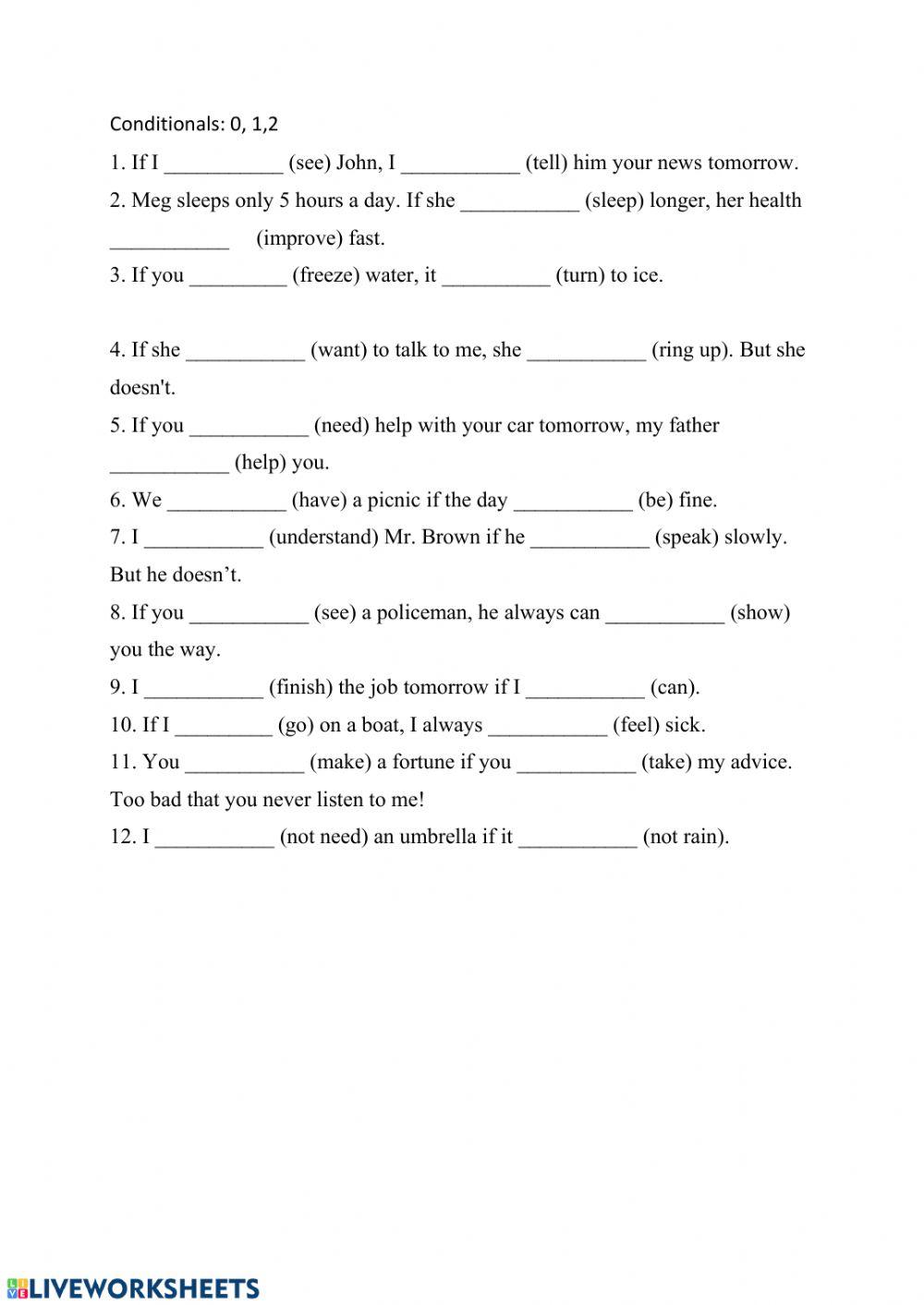 Conditional sentences 0 1 2 online exercise for live worksheets