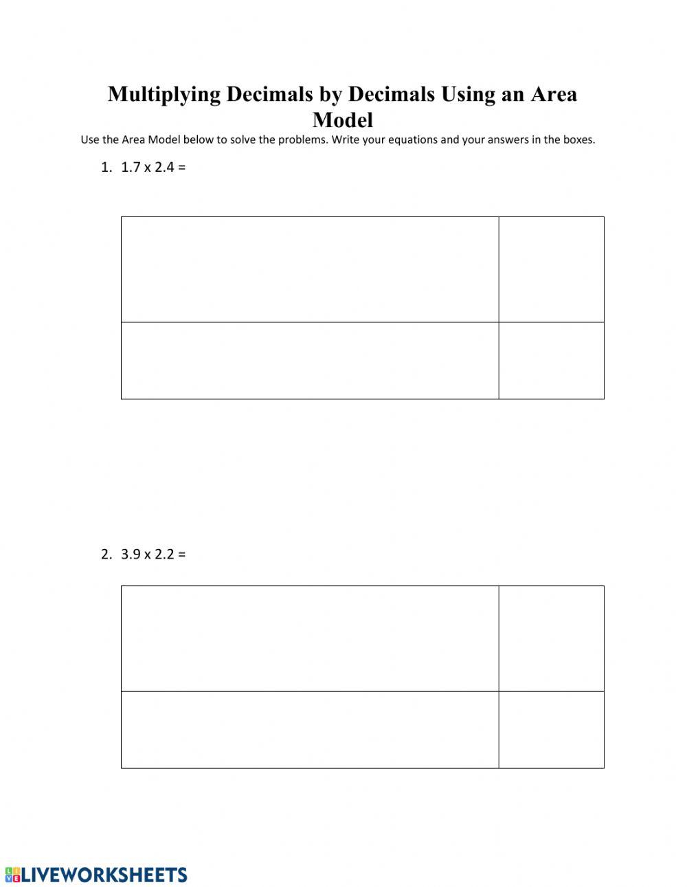 Multiplying Decimals Using Area Models Worksheets Multiplying Decimals Using Area Models Worksheets
