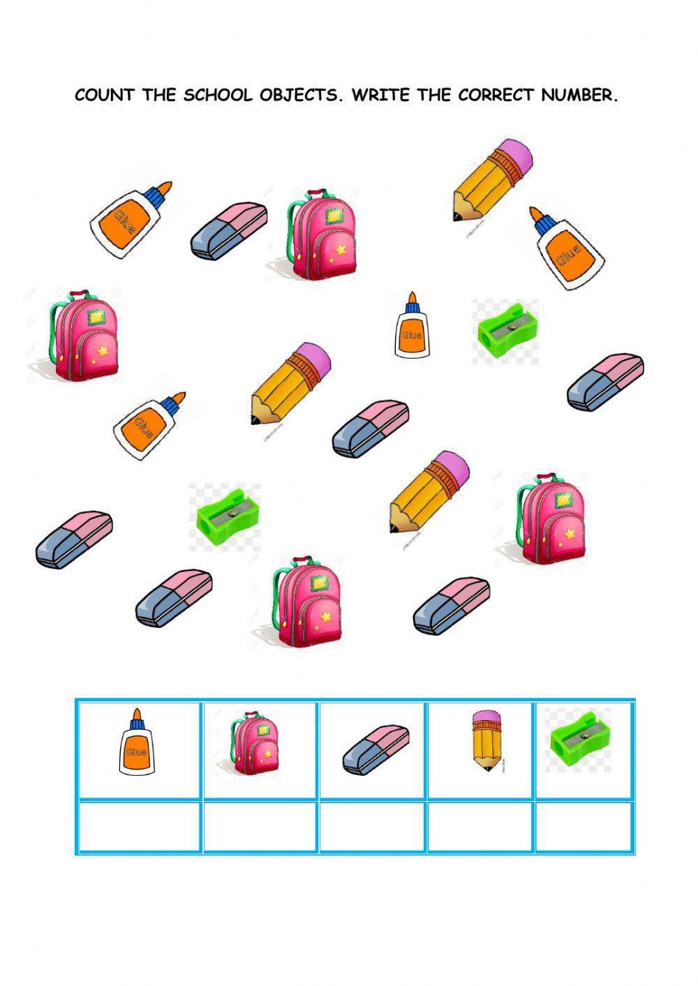 Counting school objects interactive worksheet | Live Worksheets