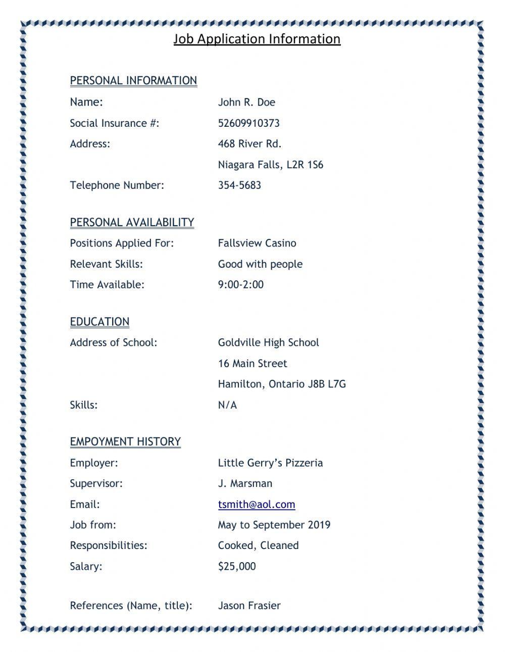 Application Form Vocabulary