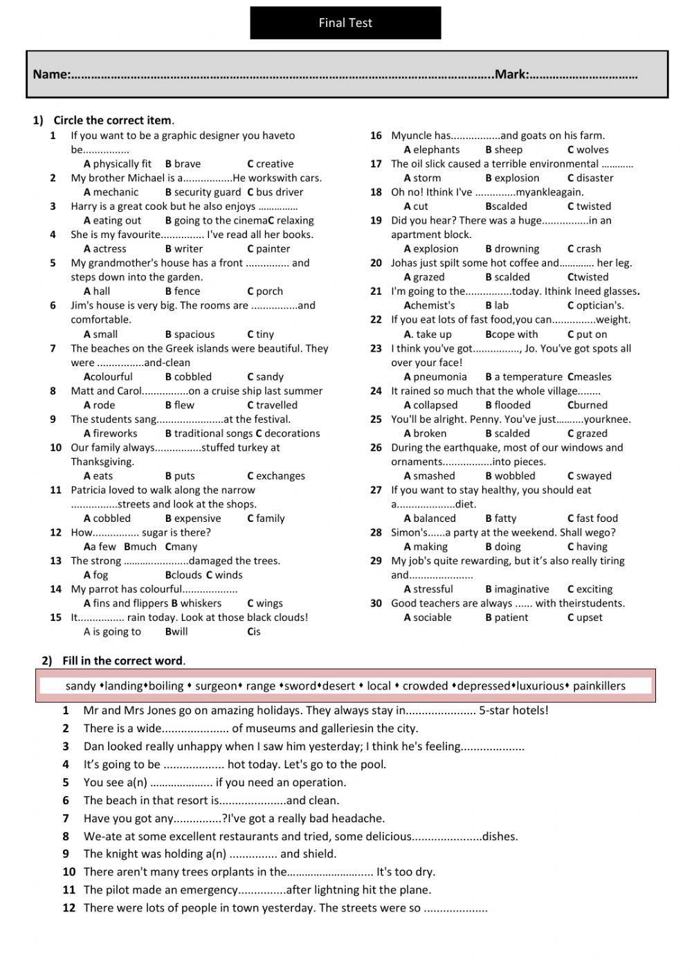 Upstream Elementary EXAM TEST U 1-7 Worksheet | Live Worksheets