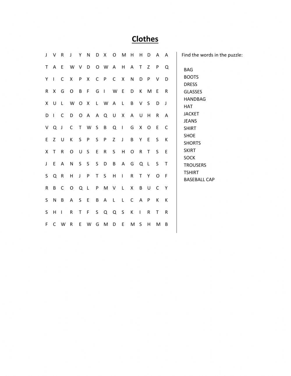 Wordsearch Clothes