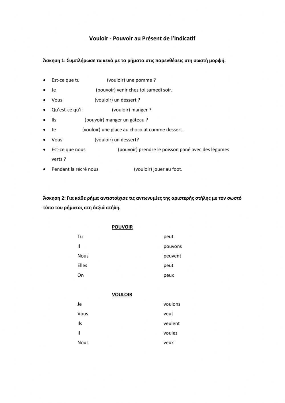 Vouloir-Pouvoir au Présent de l'Indicatif