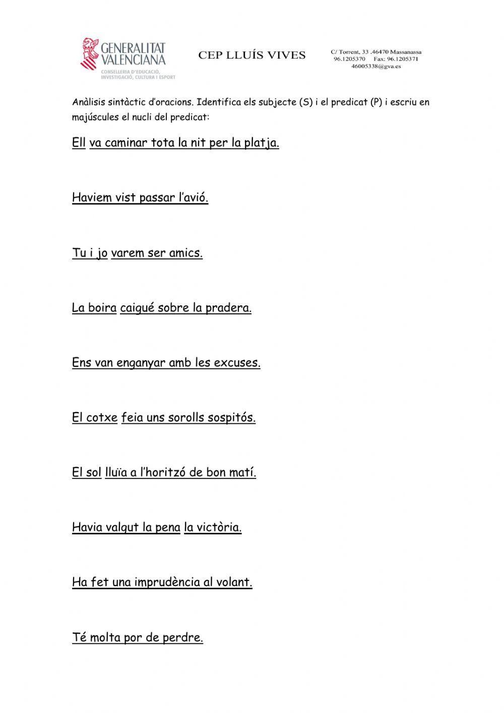 Tria subjecte predicat i verb