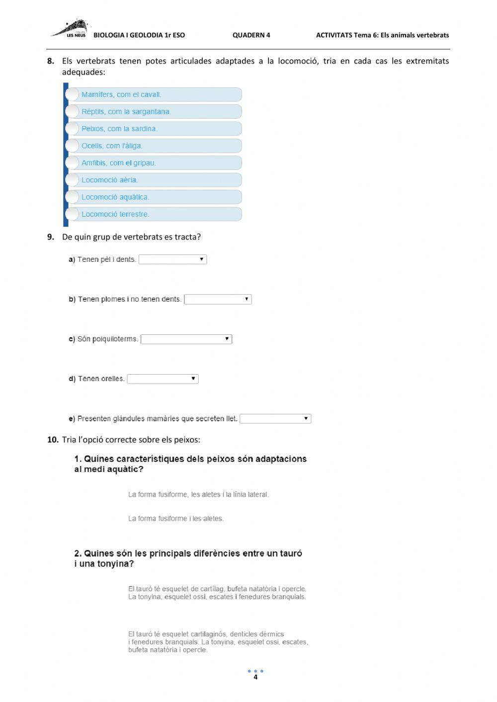 ELS ANIMALS VERTEBRATS. 1r ESO