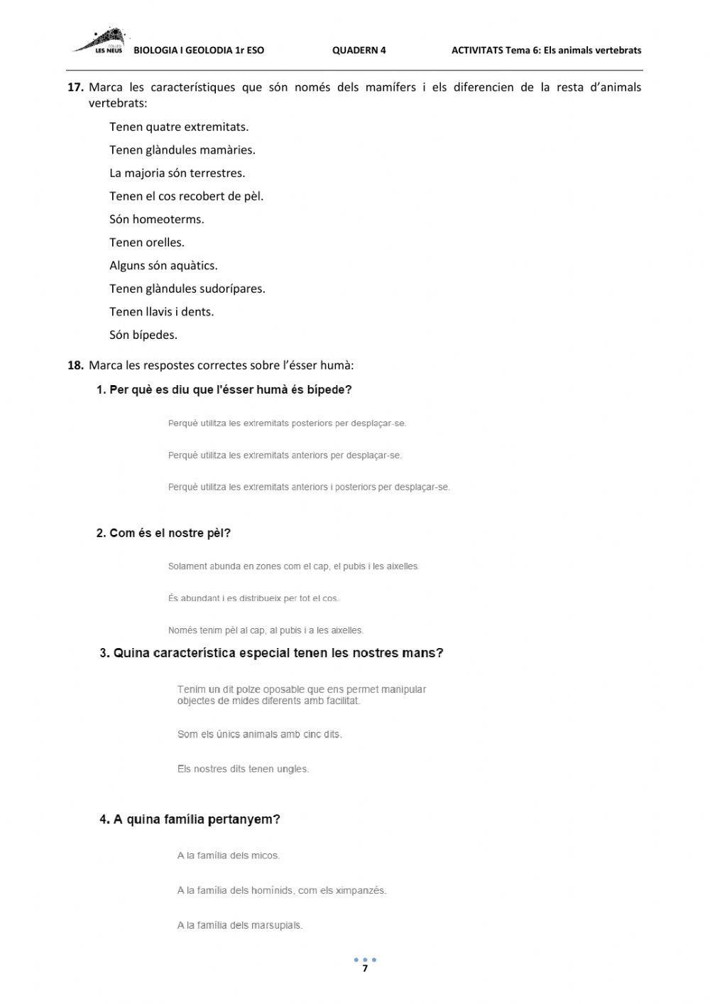 ELS ANIMALS VERTEBRATS. 1r ESO