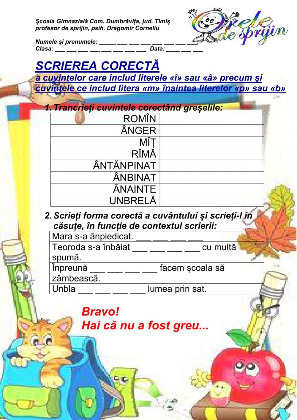 Scrierea corectă a literelor â, î și m înaintea lui p sau b