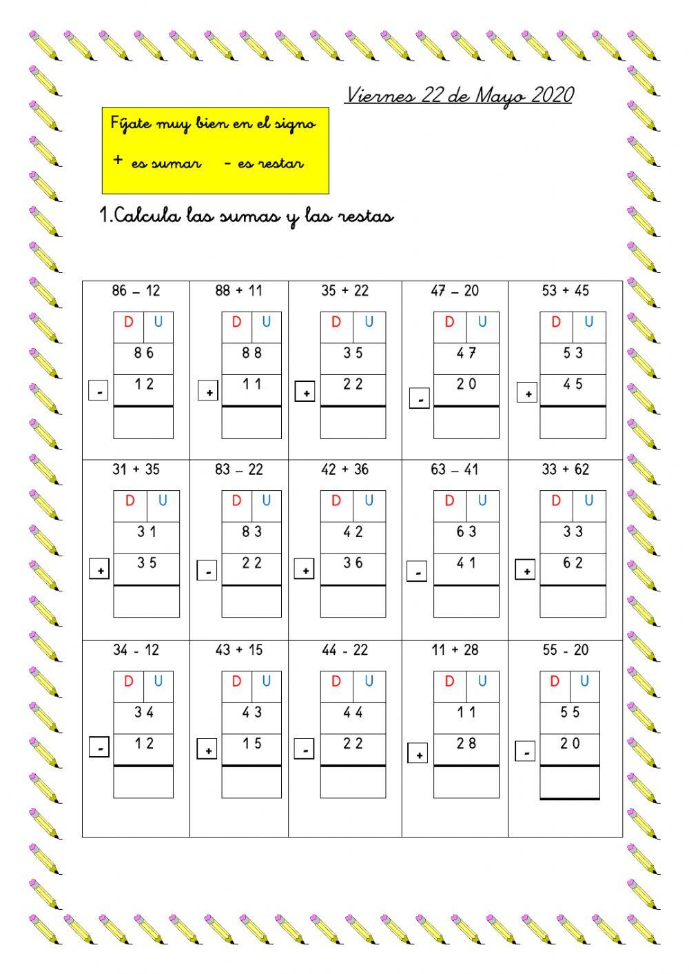 Sumas y restas sin llevar 2 worksheet live worksheets