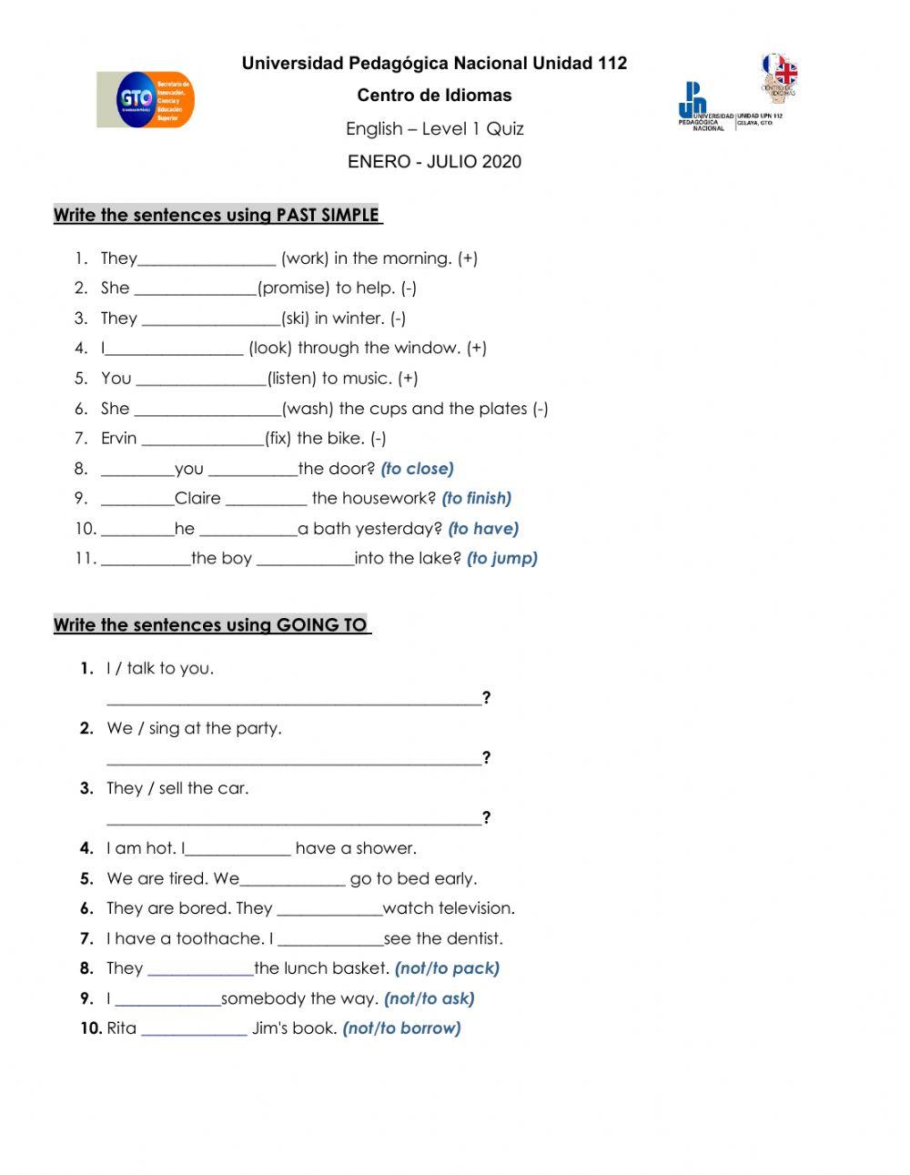 QUIZ. Simple Past & Going to