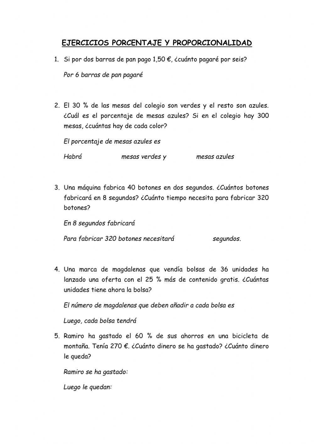 Ejercicios porcentaje y proporcionalidad
