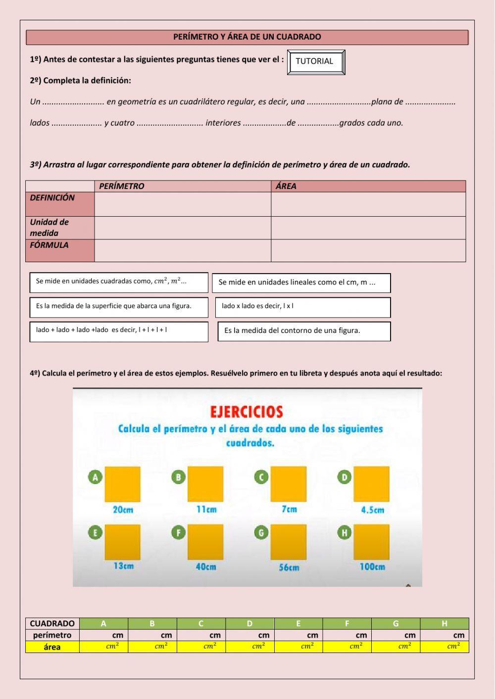 Perímetro y área de un cuadrado