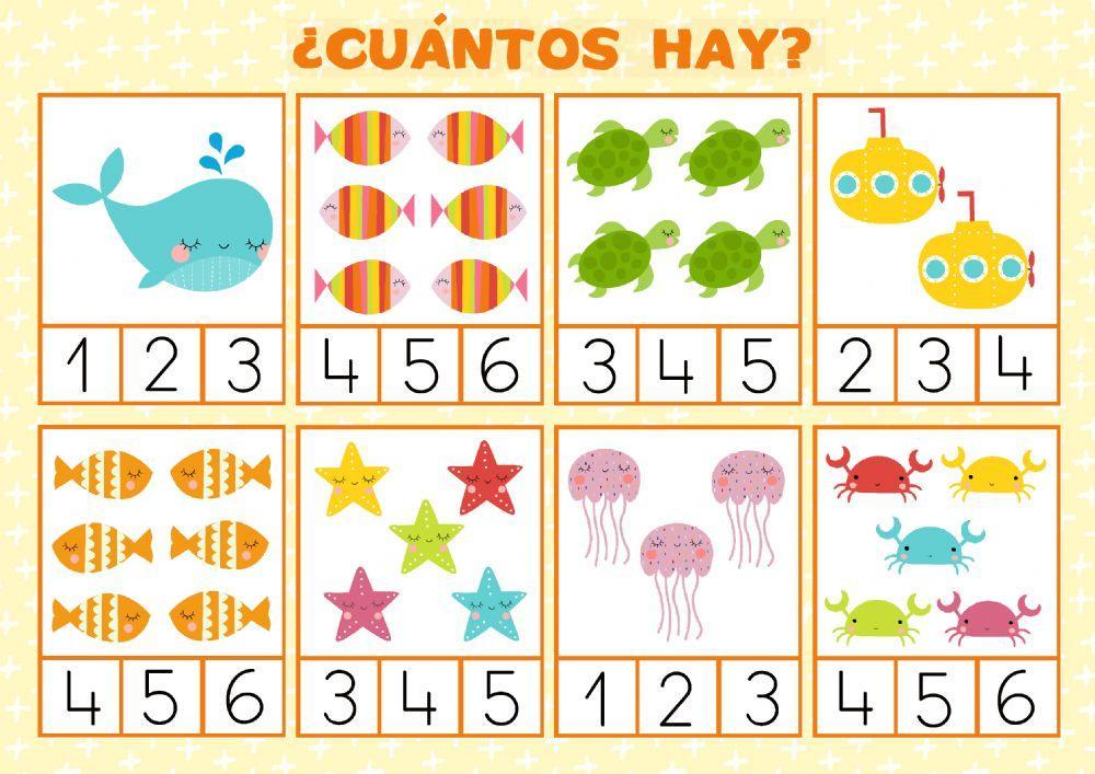¿Cuántos hay? Motivos marinos, del 1 al 6.