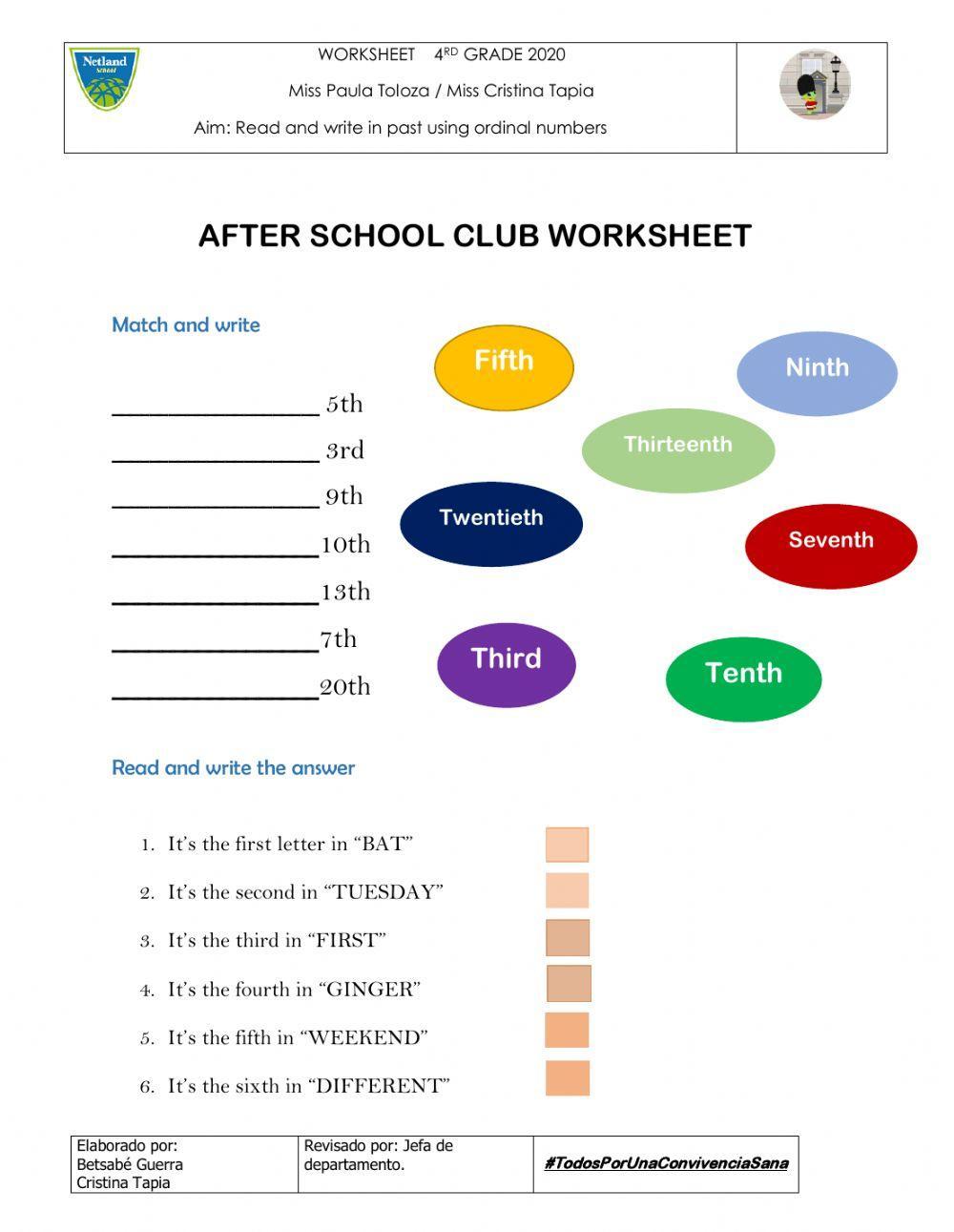 After school club worksheet