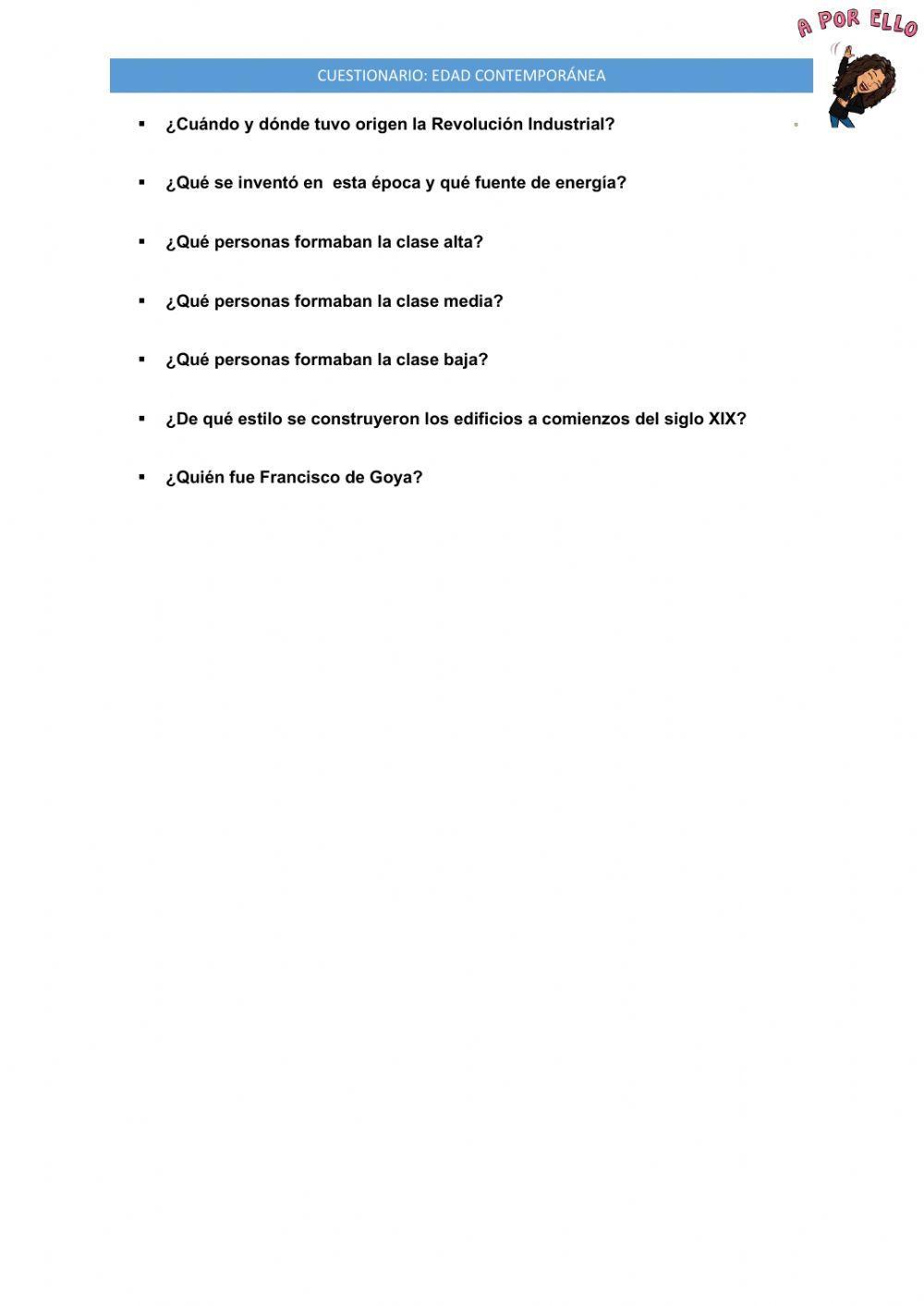 Edad contemporánea: España siglo XIX (CUESTIONARIO)