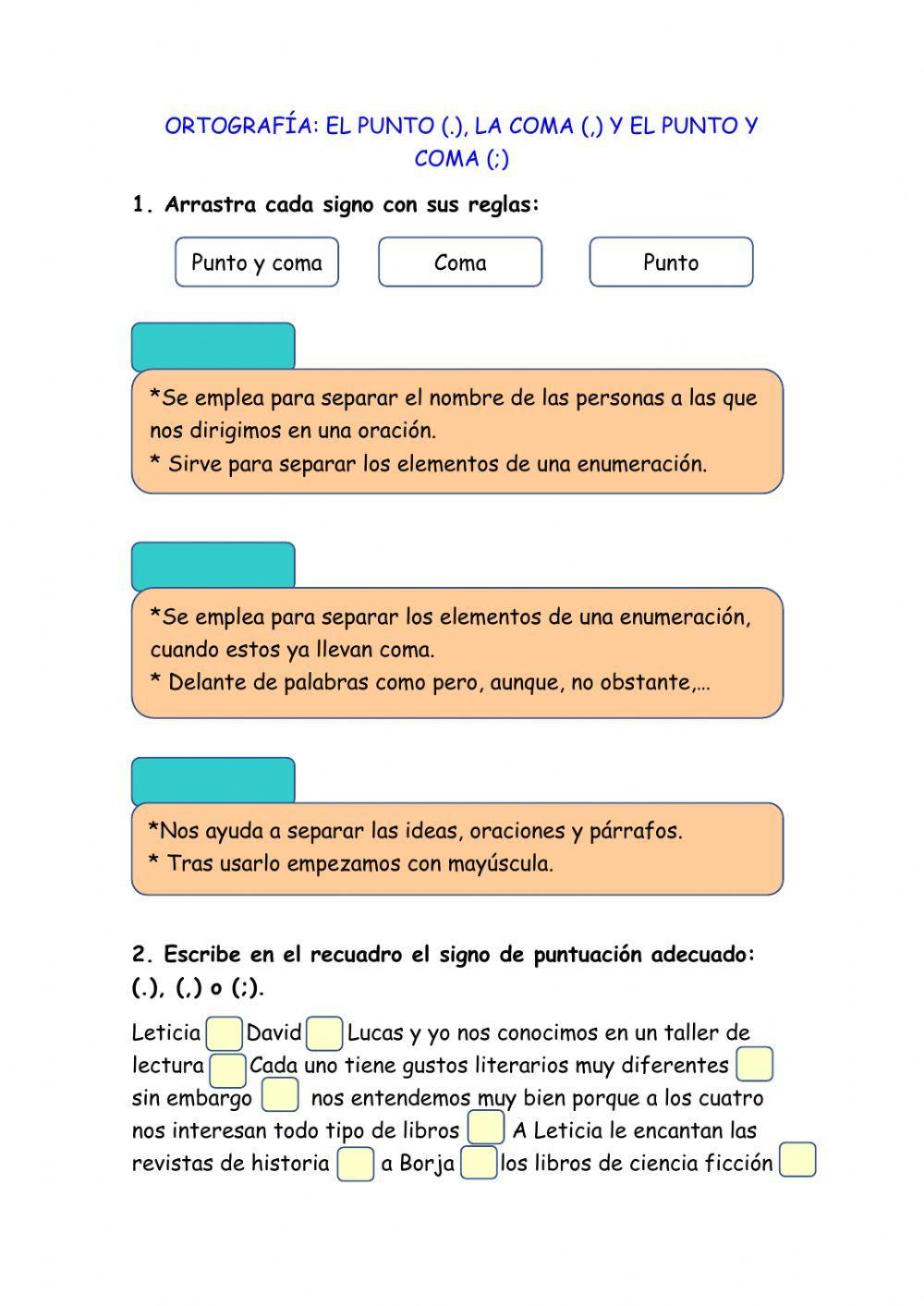 Hoja de trabajo para practicar el punto y coma y los dos puntos