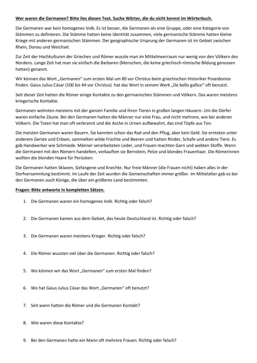 Wer waren die Germanen? Text mit Fragen