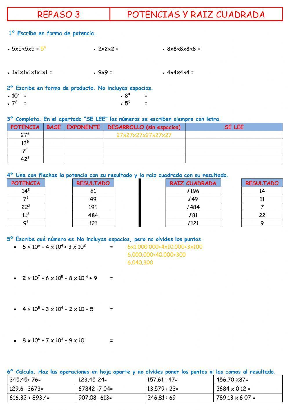 REPASO 3: POTENCIAS Y RAICES CUADRADAS