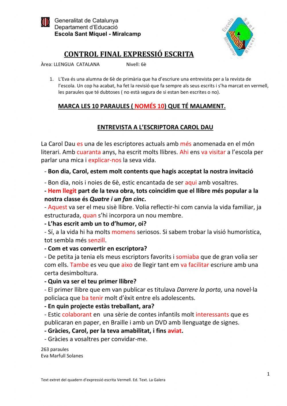 control Expressió Escrita-6è