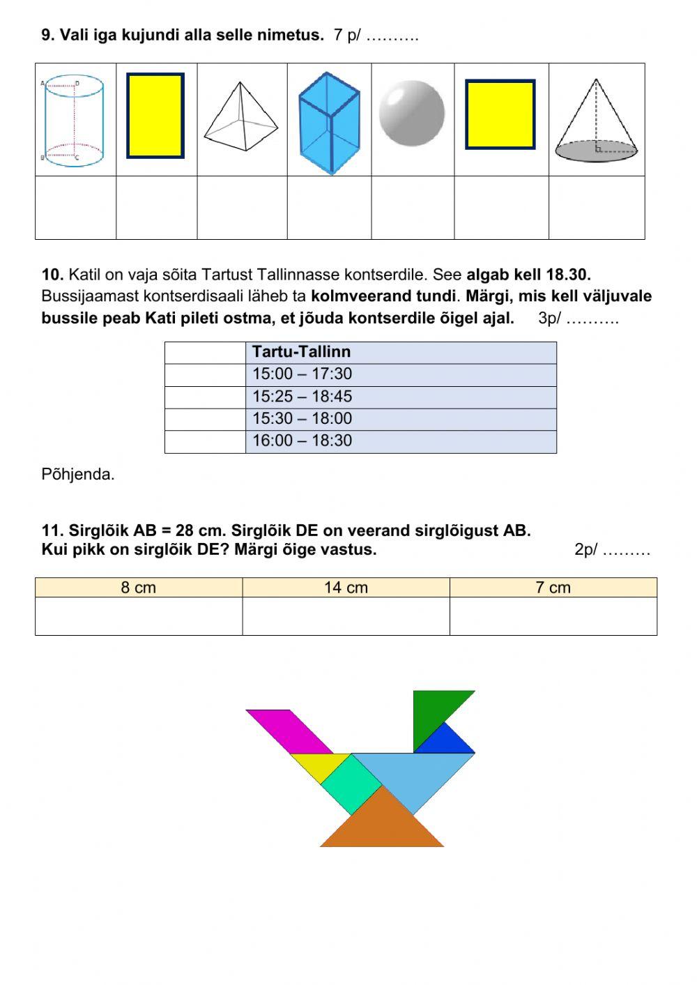 Matemaatika töö 3.klassile A