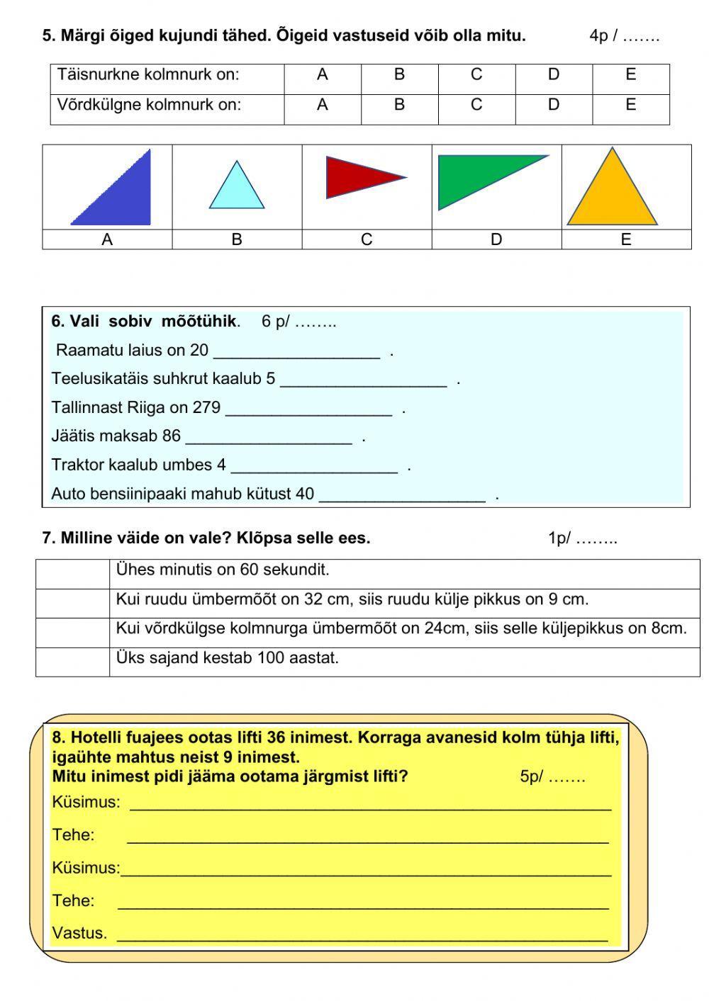 Matemaatika töö 3.klassile B