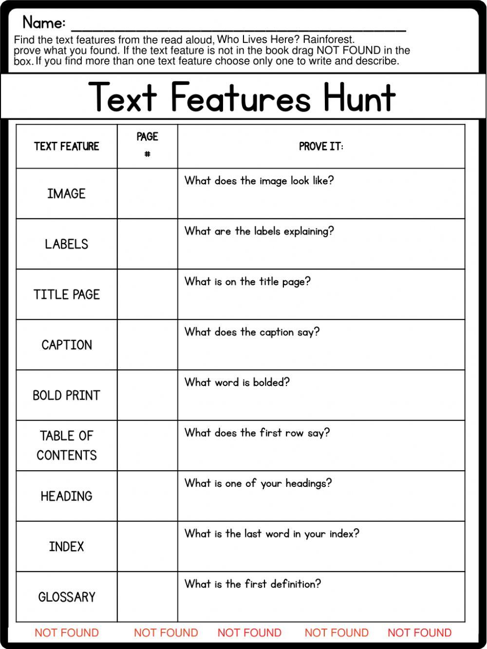 Reading- Text Features Hunt- Friday