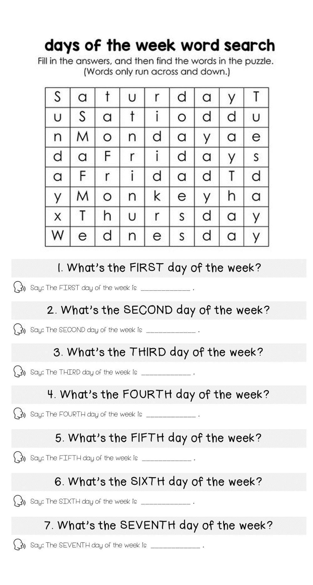 Days of the Week - Word Search - Speaking Activity