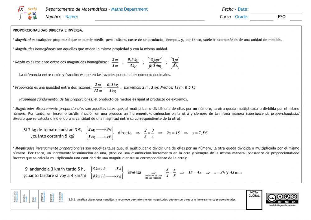 Proporcionalidad. Magnitudes directa e inversamente proporcionales