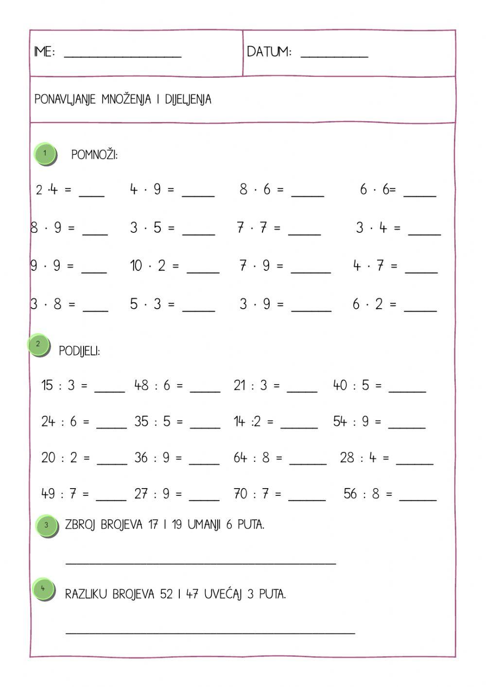 Ponavljanje množenja i dijeljenja