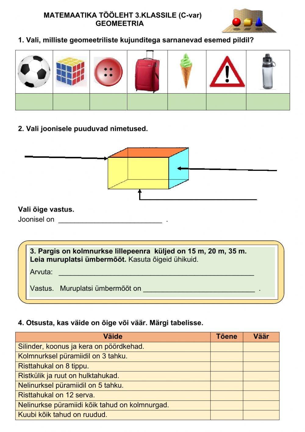 Matemaatika töö 3.klassile C Matemaatika töö 3.klassile C