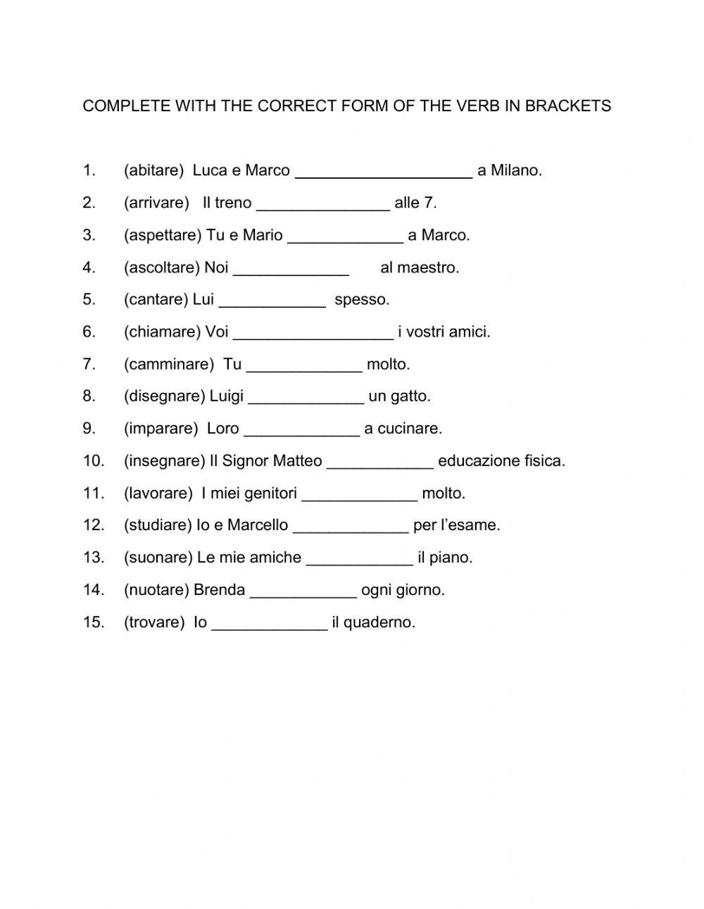 Verbs ending in  ARE - Worksheet