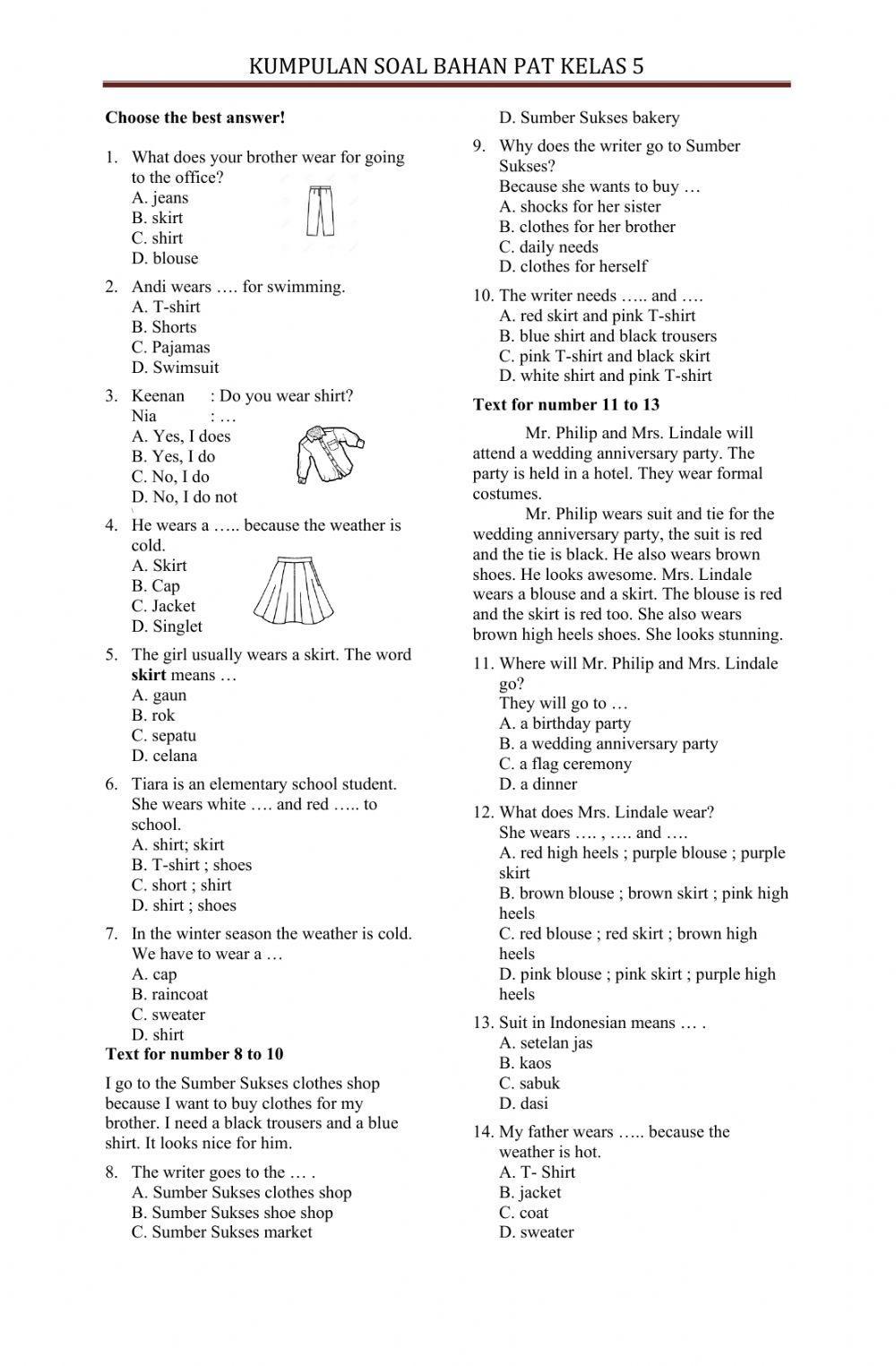 Kumpulan Soal Bahasa Inggris kelas 5