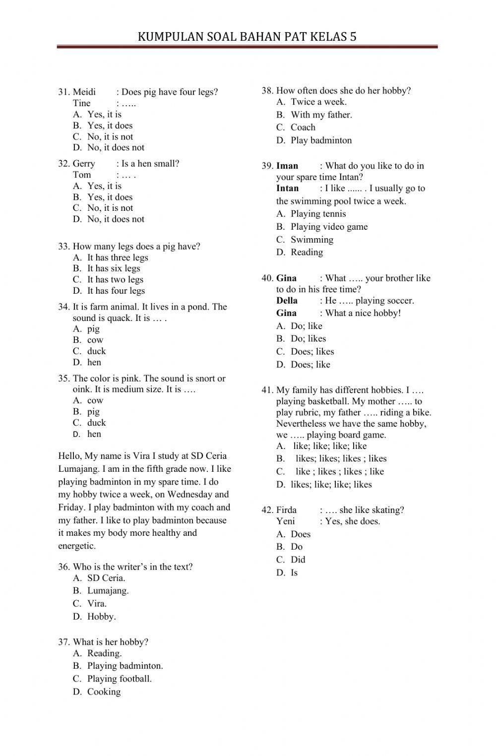 Kumpulan Soal Bahasa Inggris kelas 5