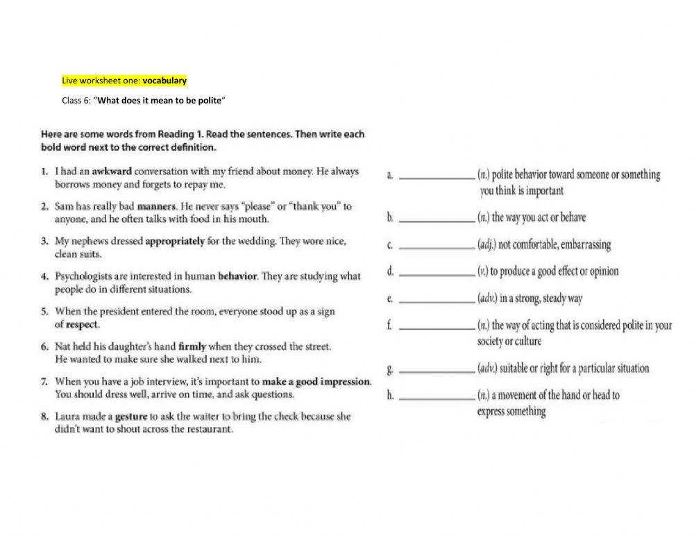 Live worksheet one: vocabulary unit 6