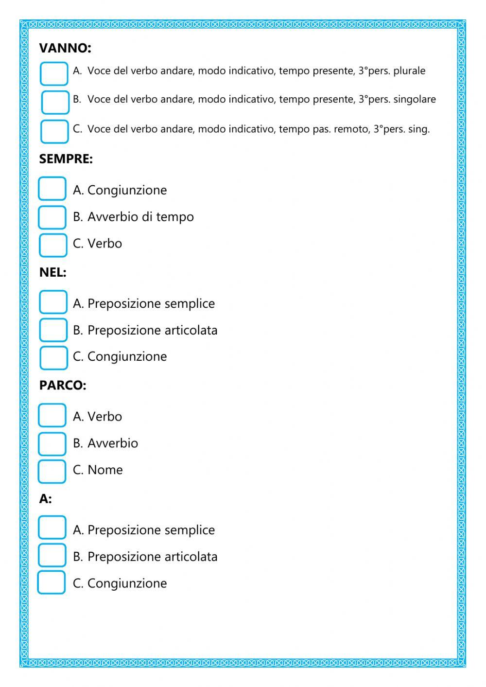 Verifica analisi grammaticale-classe quinta