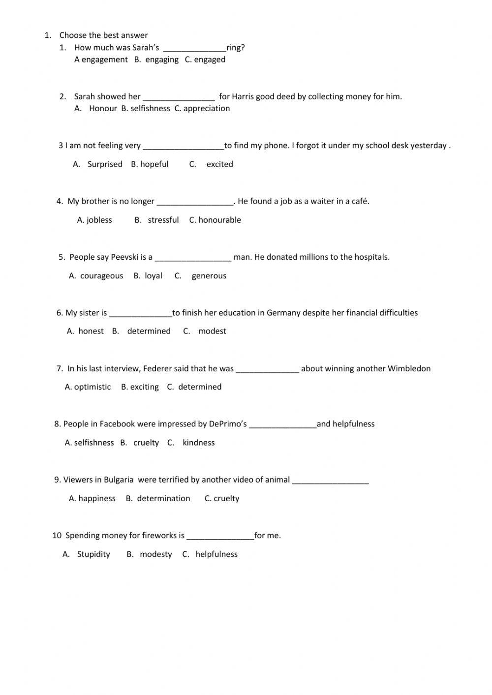 Human Qualities vocabulary test