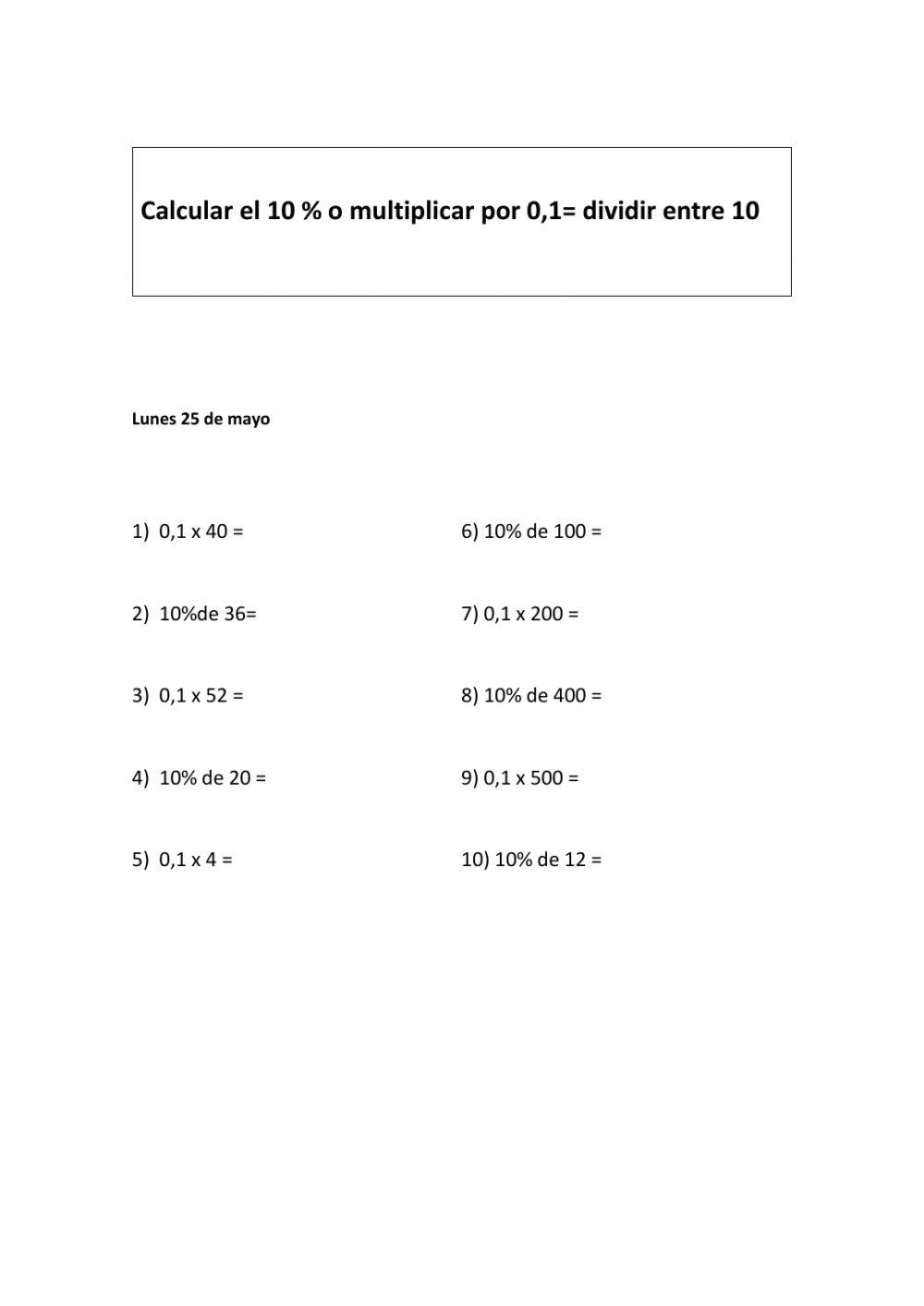 Cálculo mental: 10- - o multiplicar por 0,1