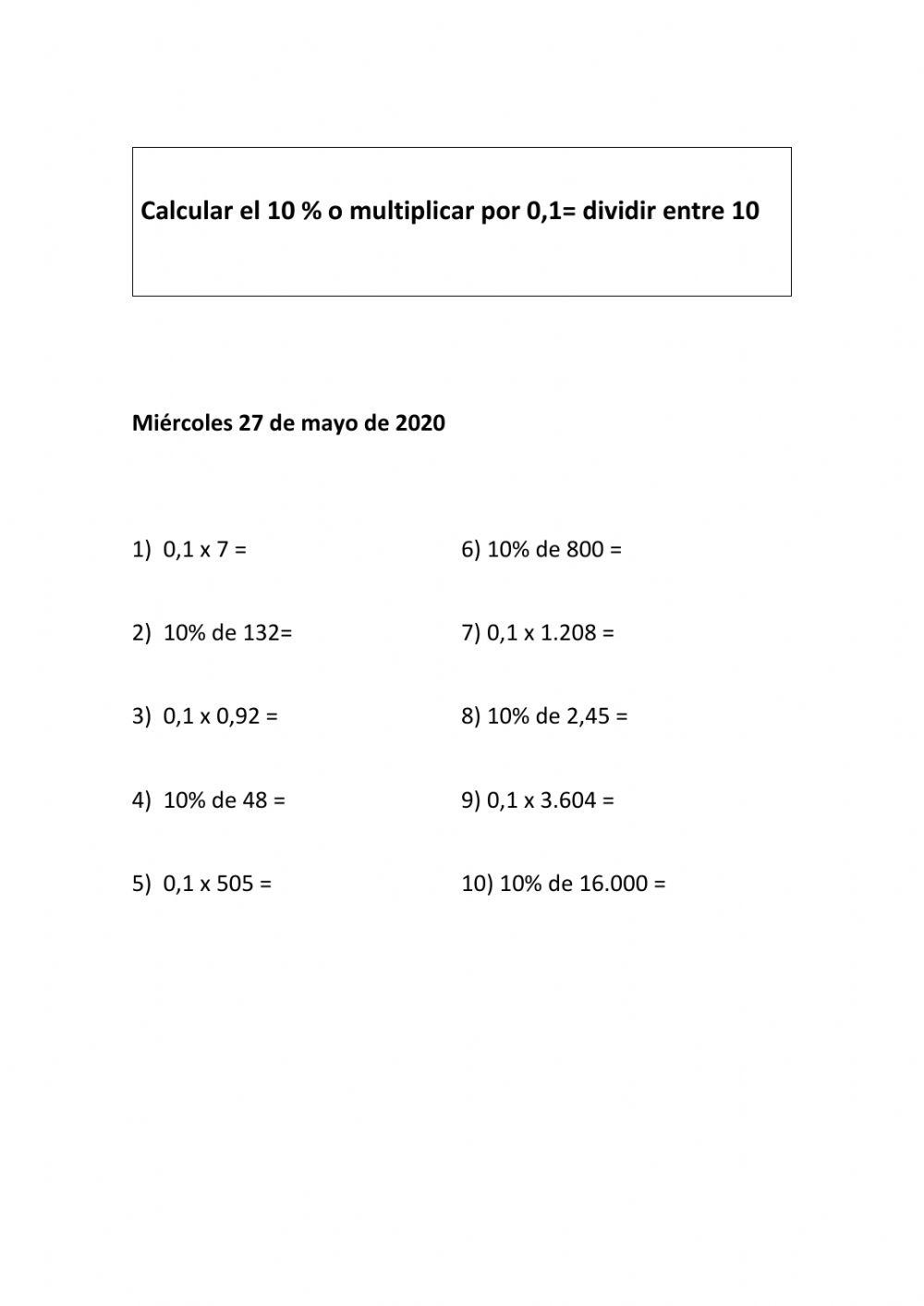 Cálculo mental: 10- - o multiplicar por 0,1