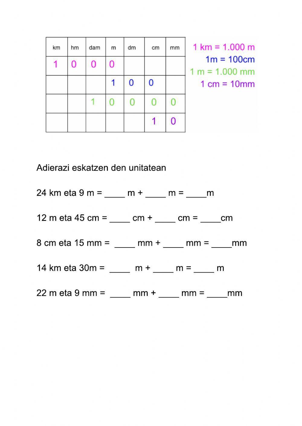 Unitate aldaketa (km, m, cm eta mm)2