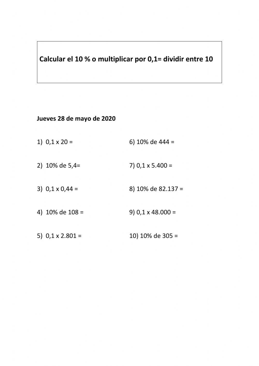Cálculo mental: 10- - o multiplicar por 0,1